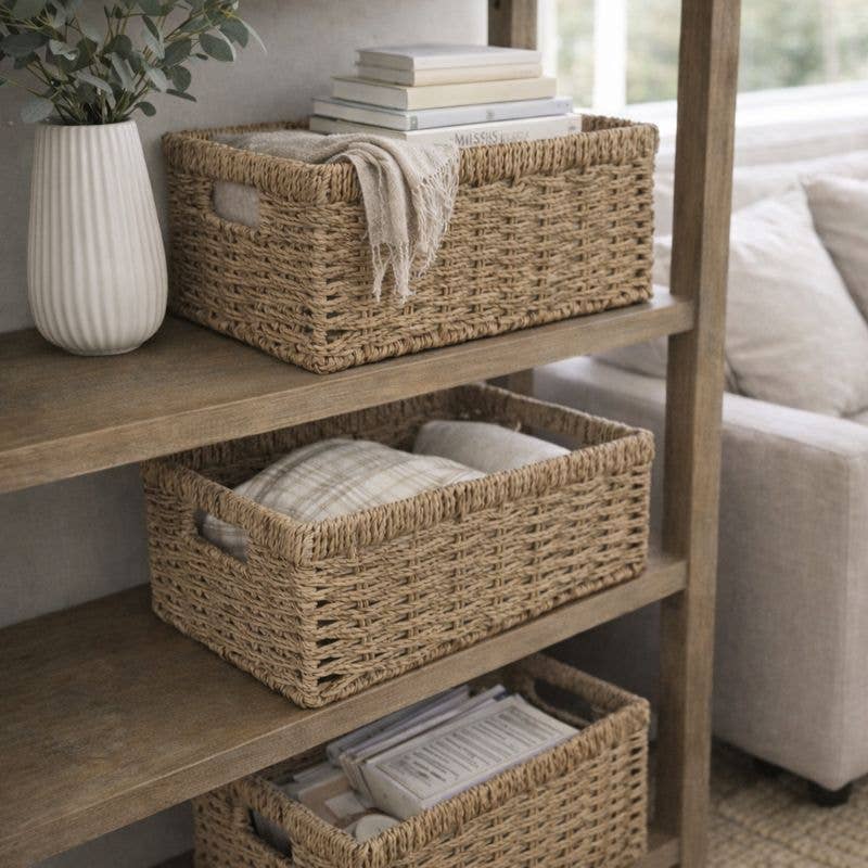 SWS BASKETS AND HOME DECOR – Großhandel Korb – Geflochtene Seegras-Aufbewahrungskörbe, 3er-Set mit Griffen1