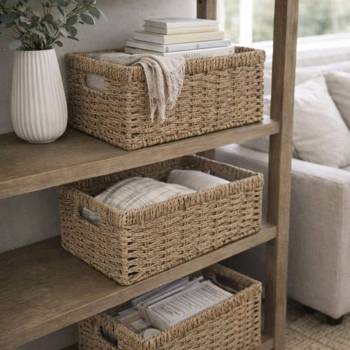 SWS BASKETS AND HOME DECOR – Großhandel Korb – Geflochtene Seegras-Aufbewahrungskörbe, 3er-Set mit Griffen1