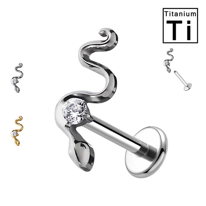 Titanium Labret Piercing with Snake and Crystal for wholesale by Awaken