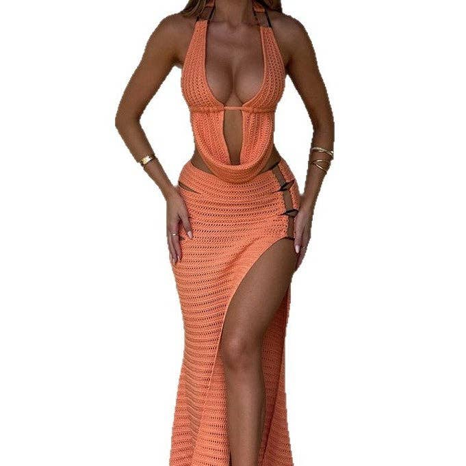 Dipped Shop – Großhandel Strandkleid – Damen – Sexy Seitenschlitz Strick-Überwurf-Set DP25C5353