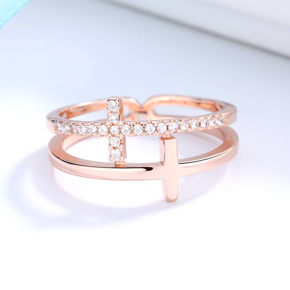 Amy and Annette - Wholesale Multi-Stone Ring - Sterling Silver, 18k Gold, or Rose Gold Sideways Adjustable Cross Ring6