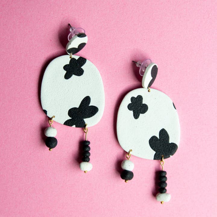 Black and White Abstract Flower Statement Earrings for wholesale by The Chasm Co