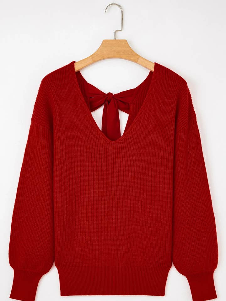 Lovesoft - Wholesale Knit Sweater - Women's - Lantern Sleeve V Neck Knot Back Sweater14
