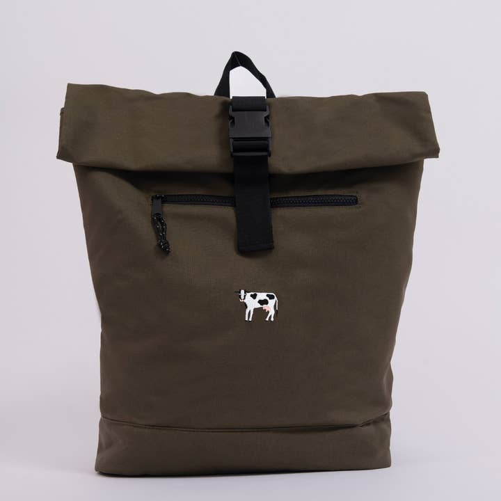 cow recycled roll-top backpack for wholesale by Big Wild Thought
