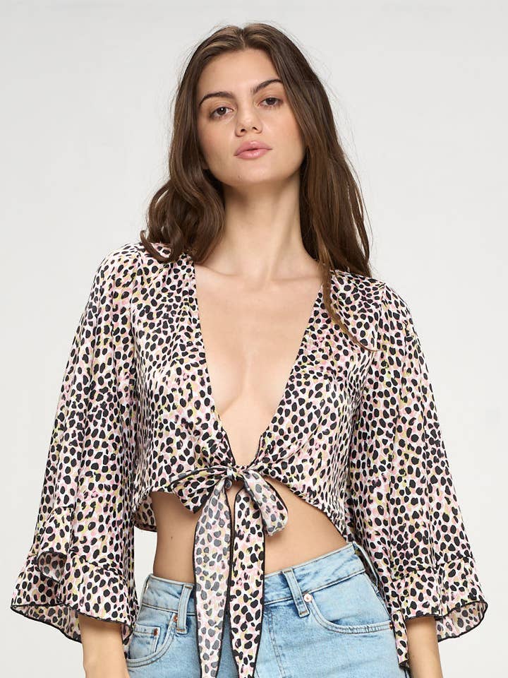 Breiter Rüschenärmeln Krawatte Crop Cardigan Leopard für den Großhandel von MILEY + MOLLY
