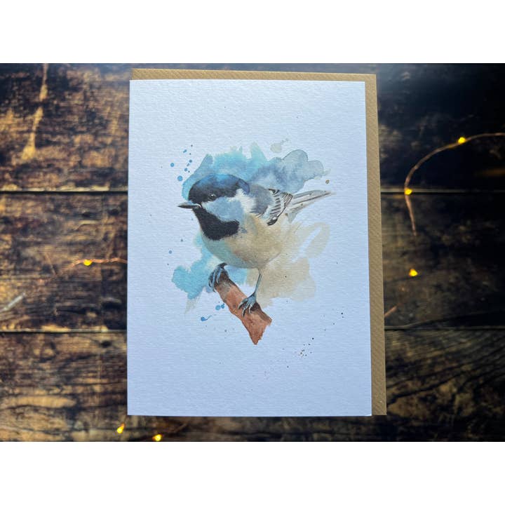 Coal tit watercolour greetings card for wholesale by Georgina Doodles