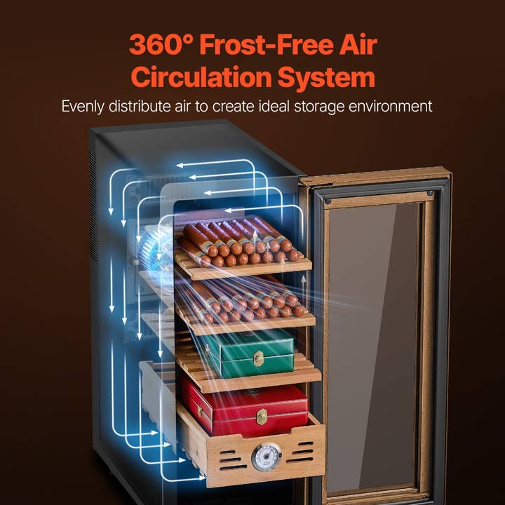 VEVOR Humidor Elétrico, 33L, 250 Charutos Humidor Elétrico com Controlo de Temperatura de Arrefecimento, Prateleiras e Gavetas em Madeira de Cedro Espanhol, Higrómetro Mecânico, 4 Camadas, Refrigerador para Uso Doméstico por atacado de Slow Burn Flame