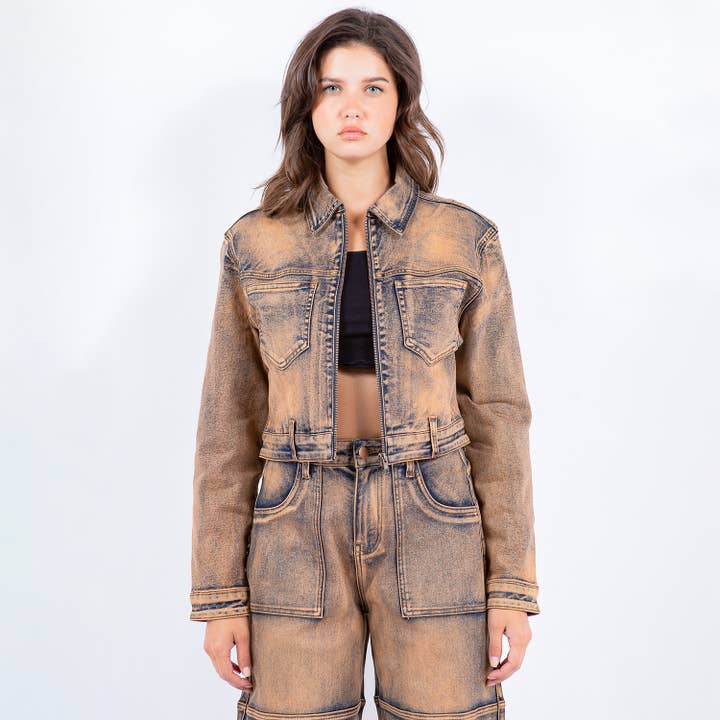 American Bazi - Wholesale Denim Jacket - Women's - OVERDYED BLEACHED CROPPED JACKETS-RJK9417