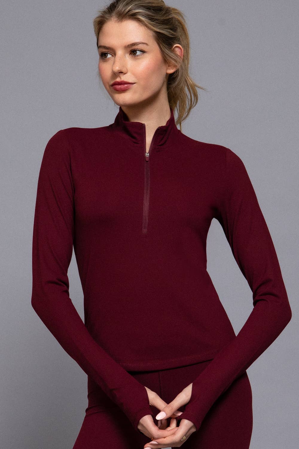 Active Basic | Active USA - Wholesale Athletic Jacket - Women's - Long Sleeve Thumbhole Detail Zippered Mock Neck Workout Top7
