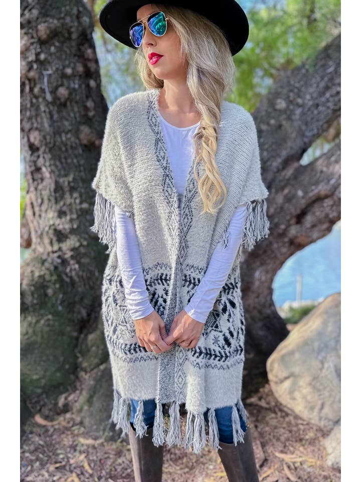 Ivory Aztec Western Tassel Trim Eyelash Knit Cardigan for wholesale on Faire2