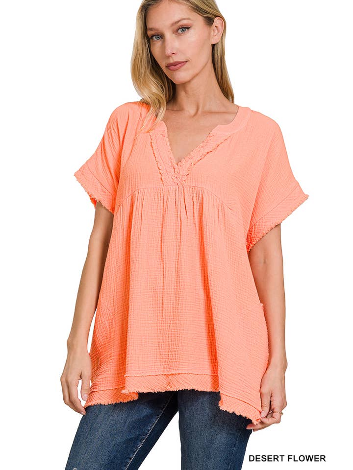 42POPS – wholesale Tunika - Dam – "Rå kant kortärmad V-ringad tröja23