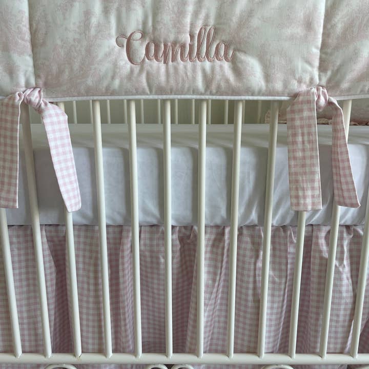 Liz And Roo - Wholesale Cot/Crib Sheets - Light Pink Toile and Gingham Crib Rail Cover1