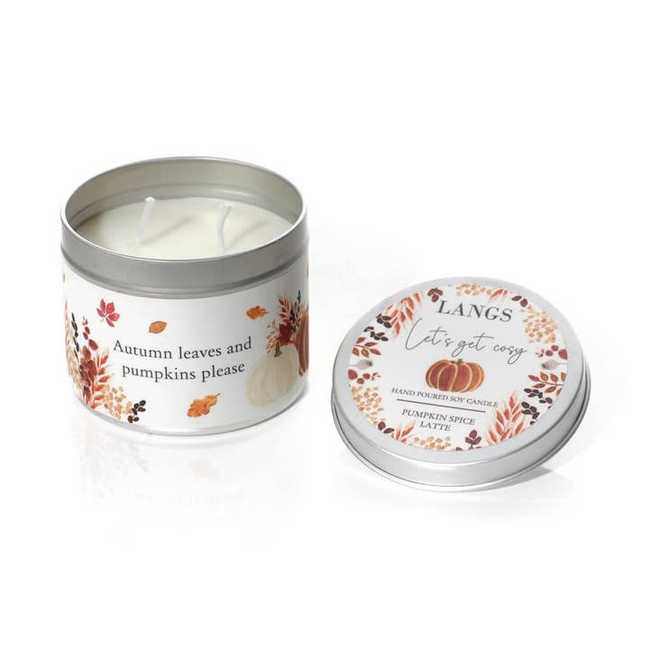 Sojakerze in Dose Lass uns gemütlich werden Kürbis-Gewürz-Latte Handgegossen für den Großhandel von Langs