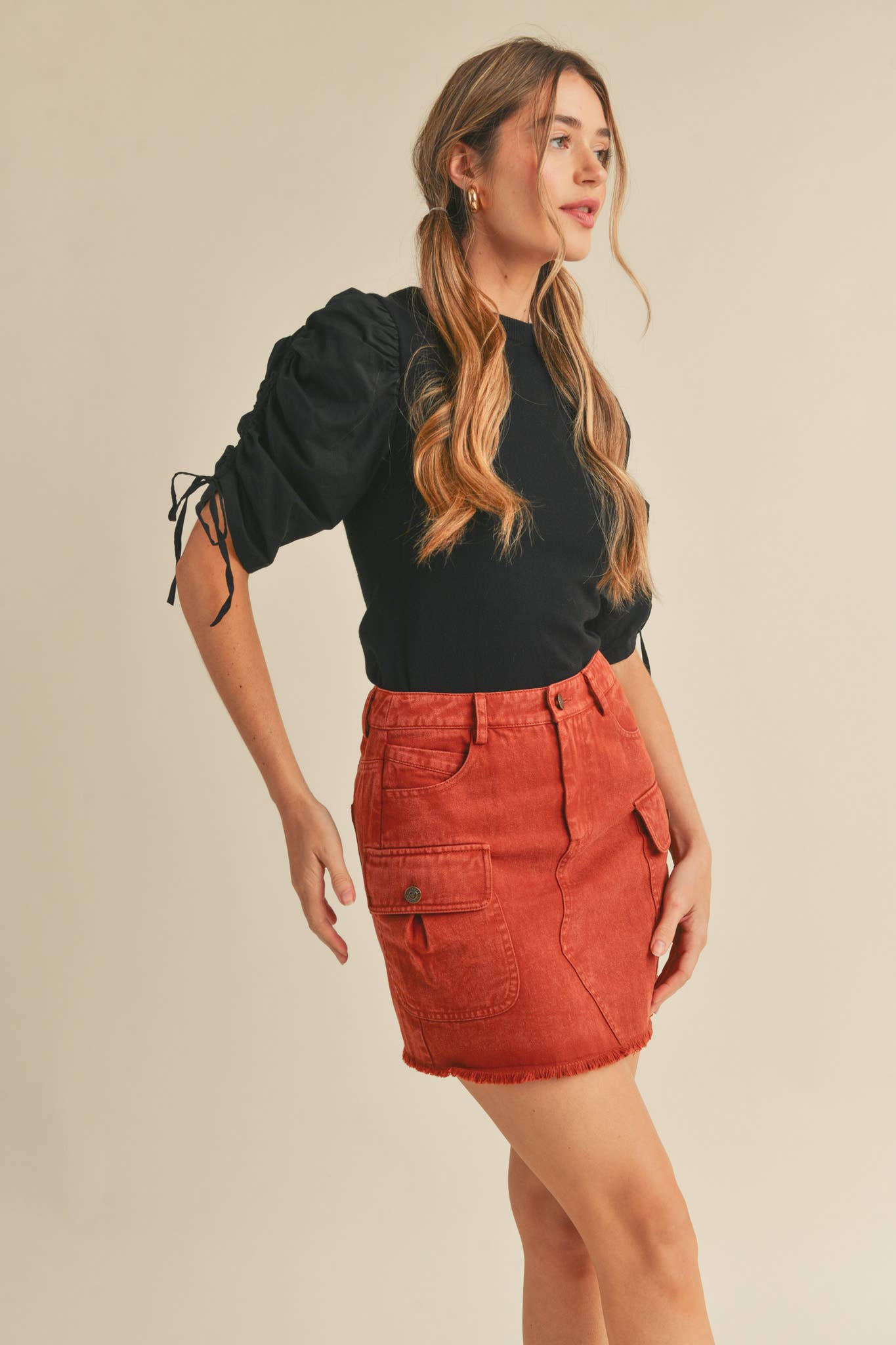 &MERCI - Wholesale Knit Top - Women's - RUCHED SLEEVE MIXED MEDIA TOP MSW246413