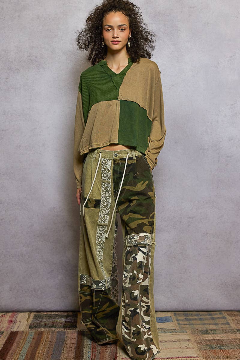 Pol Clothing - Wholesale Knit Top - Women's - Notched neck contrast fabric long sleeve top11