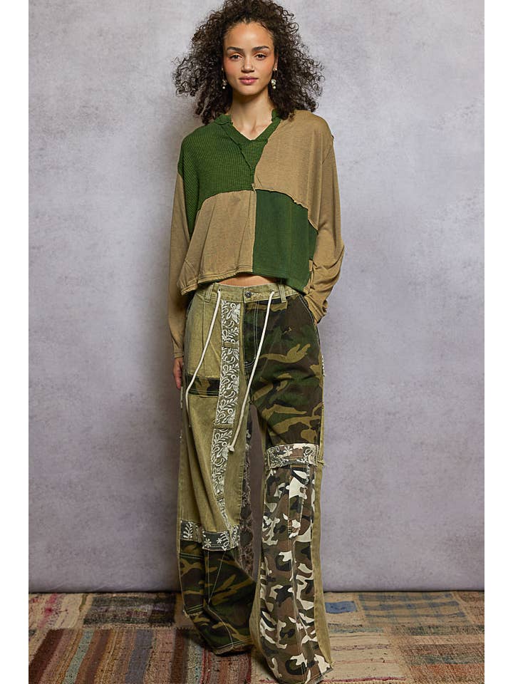 Pol Clothing - Wholesale Knit Top - Women's - Notched neck contrast fabric long sleeve top11