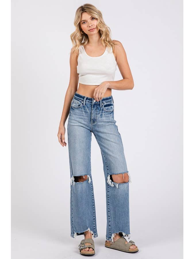 Petra153 - Wholesale Jeans - Women's - P1371W-MD HIGH RISE STRETCH SLIM WIDE LEG W/ DESTROYED HEM1