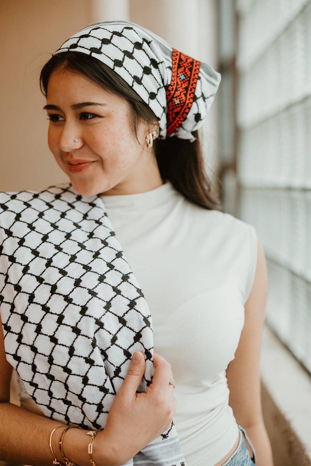 Sitti Social Enterprise - Wholesale Bandana - Women's - Jourie Embroidered BANDANA Kuffiyeh - Black and White4