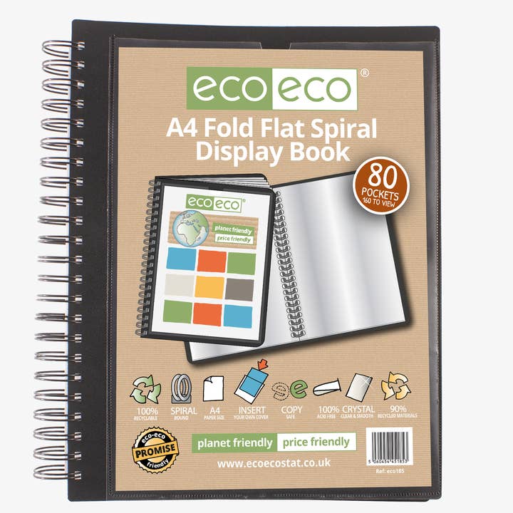 A4 90% Riciclato 80 Tasche Cartella a Spirale Piatta per Esposizione per la vendita all'ingrosso da parte di eco-eco Stationery Ltd