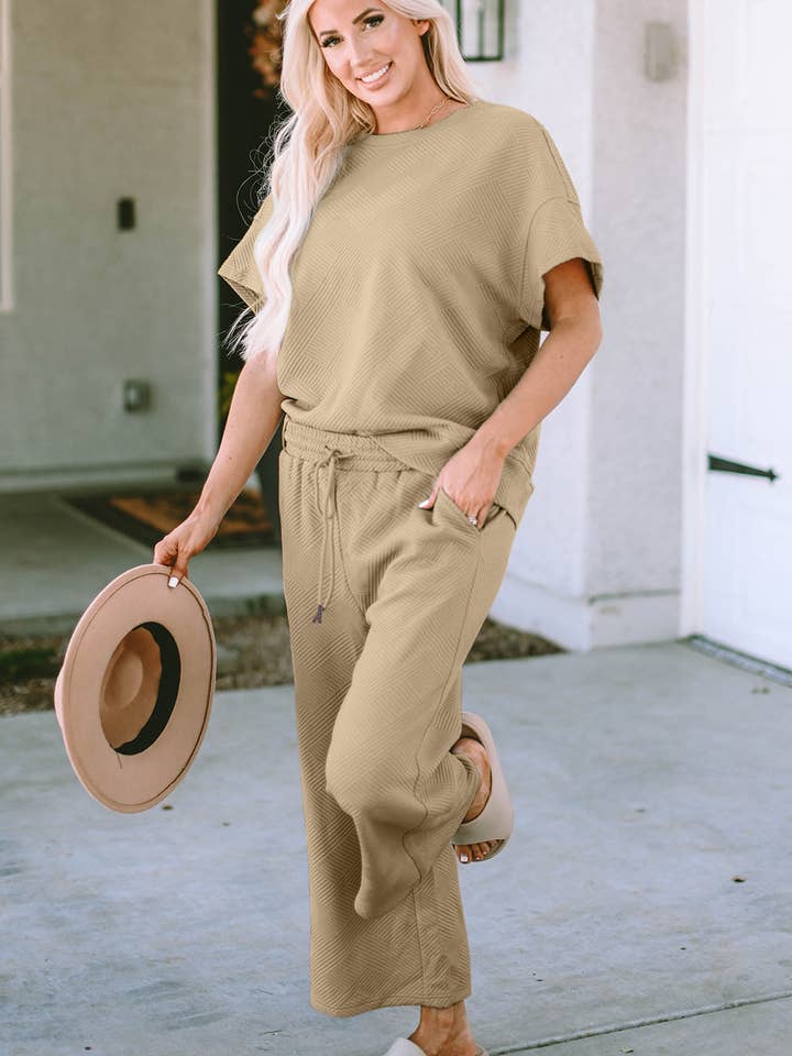 Double Take Full Size Texture Short Sleeve Top and Pants Set for wholesale by ClassiQ