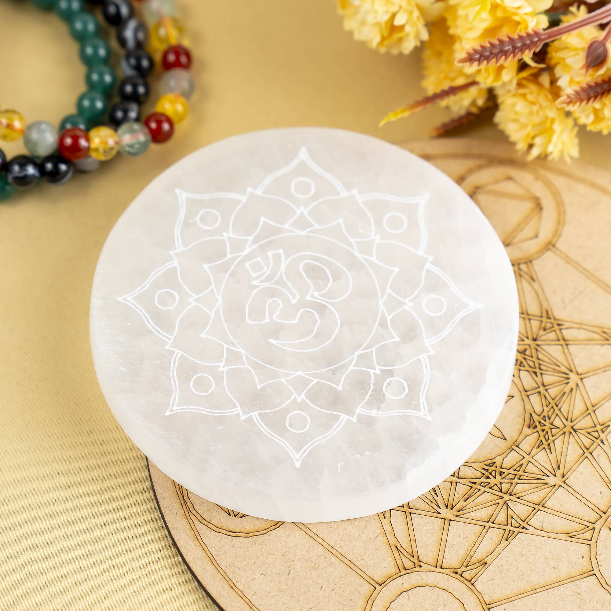 Soothing Crystals - Wholesale Crystal Charging Plate - 4" Selenite Plate | Om Selenite Plate | Charging Plate