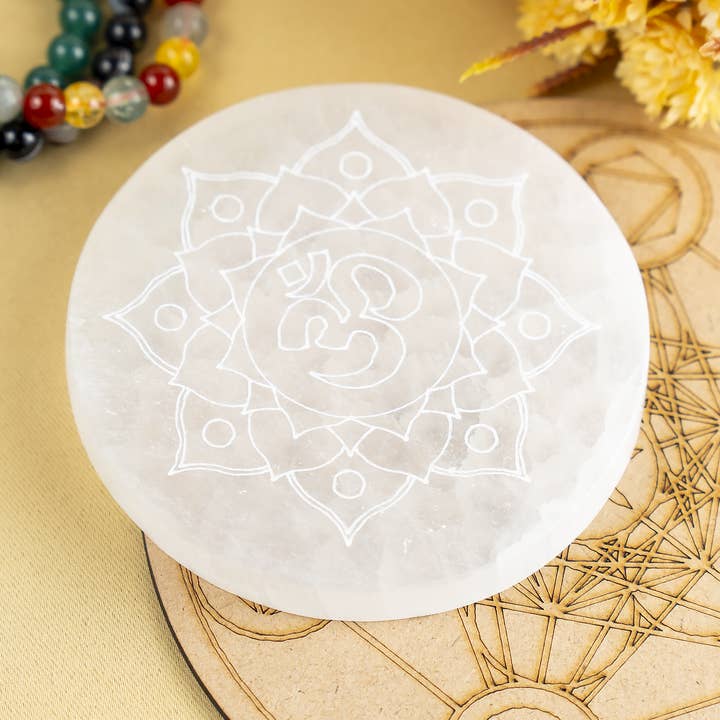 Soothing Crystals - Wholesale Crystal Charging Plate - 4" Selenite Plate | Om Selenite Plate | Charging Plate0