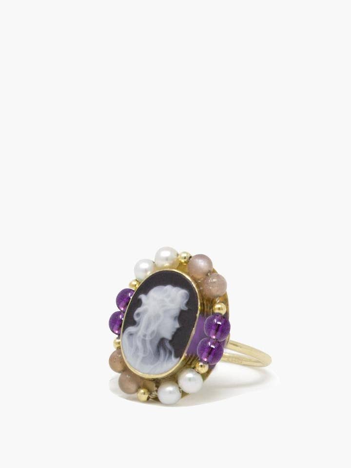 18K Gold Black Cameo Ring - Amethyst and Pink Labradorite for wholesale by Vintouch Jewels
