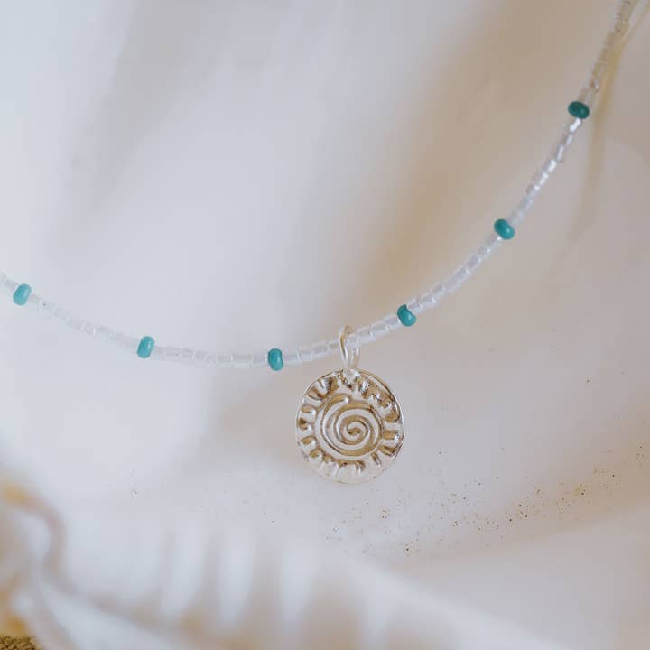 Devon Cockle Shell Pendant - Turquoise and White Beaded Necklet for wholesale by Imogen Rose Jewellery