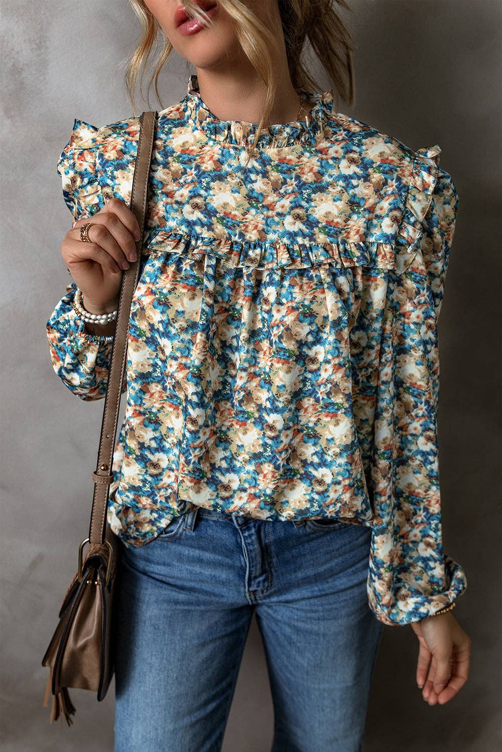 Sky Blue Floral Print Frilled Mock Neck Puff Sleeve Blouse for wholesale on Faire2