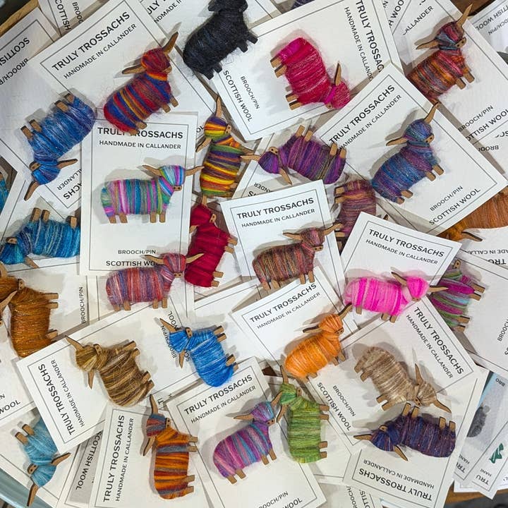 Highland cow woolly brooch/pin collection for wholesale by Truly Trossachs