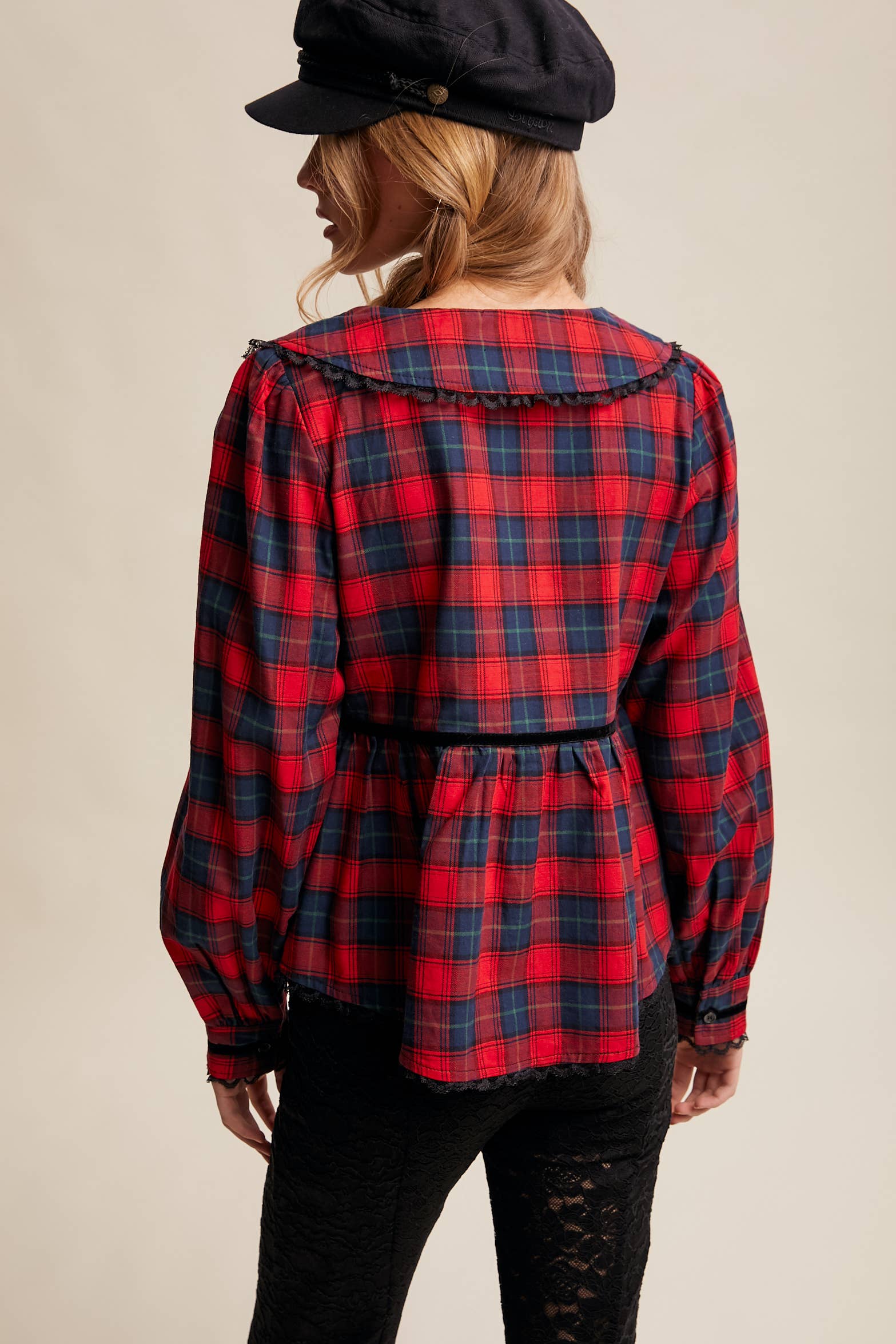 Listicle - Wholesale Blouse - Women's - Plaid Velvet Trim Holiday Blouse LT14466