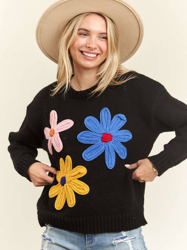 Madelyn - Wholesale Knit Sweater - Women's - LESW3598-BIG FLOWER PATCH SWEATER TOP