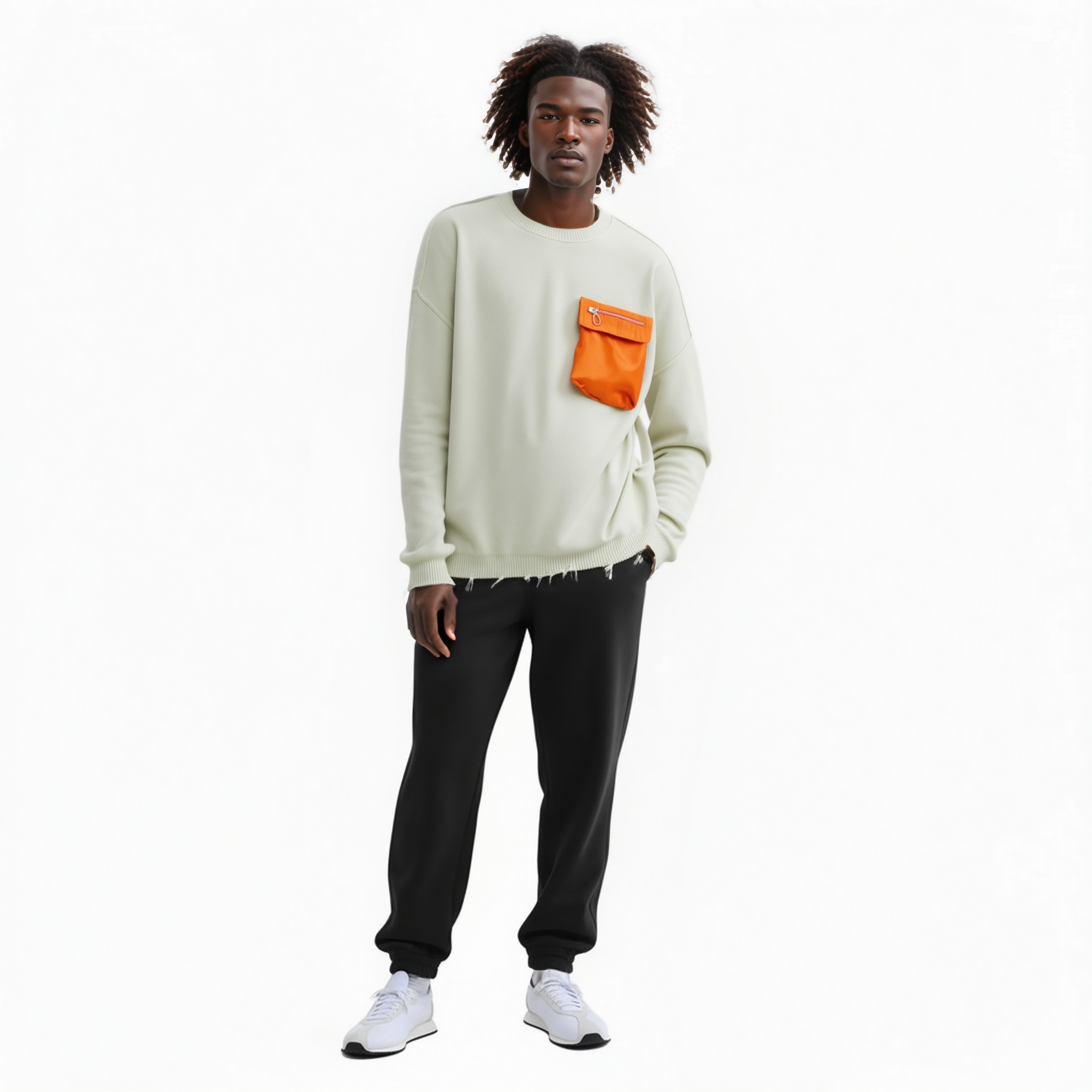 Robin K – Engroshandel Pullover - Herre – Konus herreoversize sweater i grøn med orange lomme0