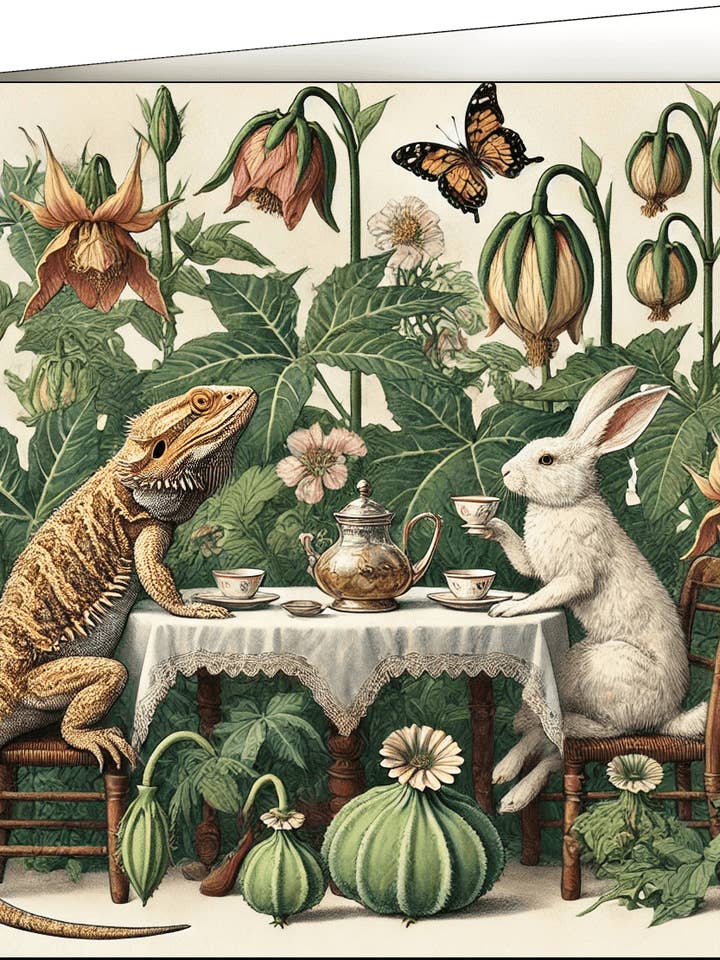 Greeting Card, Bearded Dragon & Rabbit Tea Party for wholesale by Thistle and Tale Press