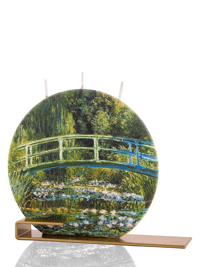 Flache, handgefertigte runde Kerze, 15 cm, Claude Monet Footbridge für den Großhandel von Flatyz EU
