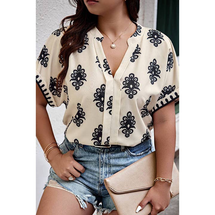 Plus Size Short Sleeve V Neck Printed Blouse for wholesale by Elings