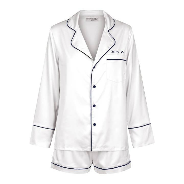 Conjunto de Pijama de Cetim Sob Medida - Manga Comprida Branco/Azul Marinho (Com Defeito/Venda Final) por atacado de Midnight Mischief