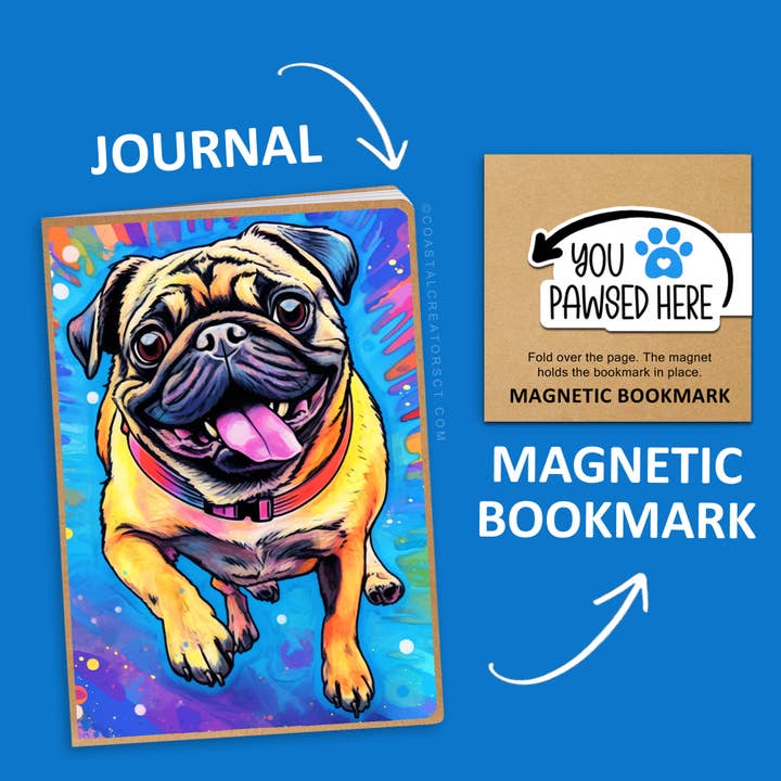Coastal Creators of Connecticut - Wholesale Journal/Diary - Pug Dog Journal w/ Pawsed Magnetic Bookmark Set (Packaged)
