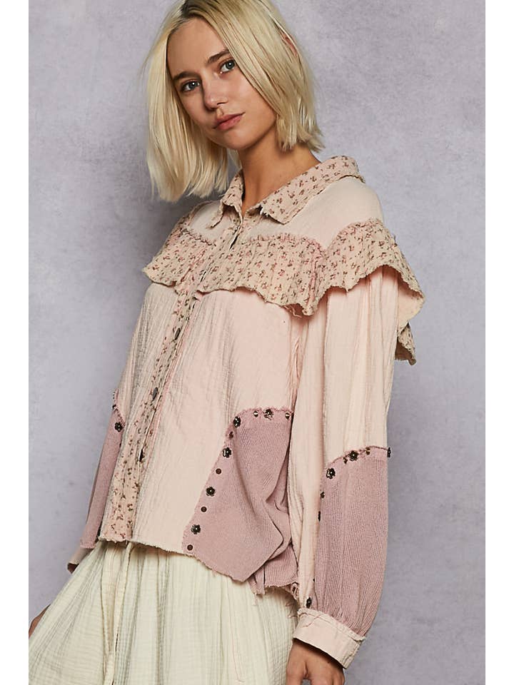 Pol Clothing - Wholesale Button Down Shirt - Women's - Balloon sleeve double gauze printed floral stud shirt SALE8