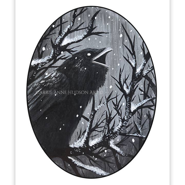 Carrie Anne Hudson Art - Wholesale Art Print - Raven in Snow - Oval Gothic Decor - 5x7 Art Print