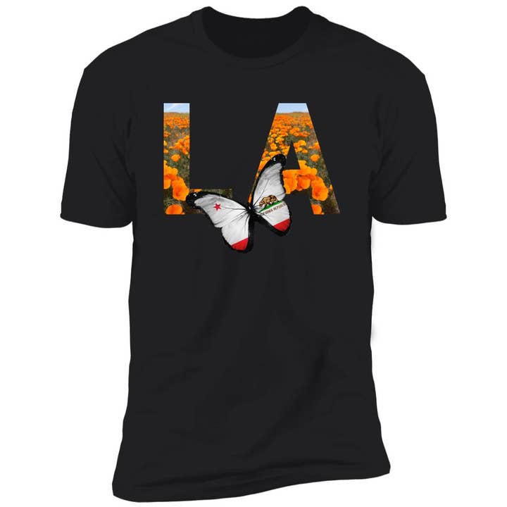 Los Angeles CA Poppy Flower Font Premium Unisex T-shirt for wholesale by VivaCity Gear