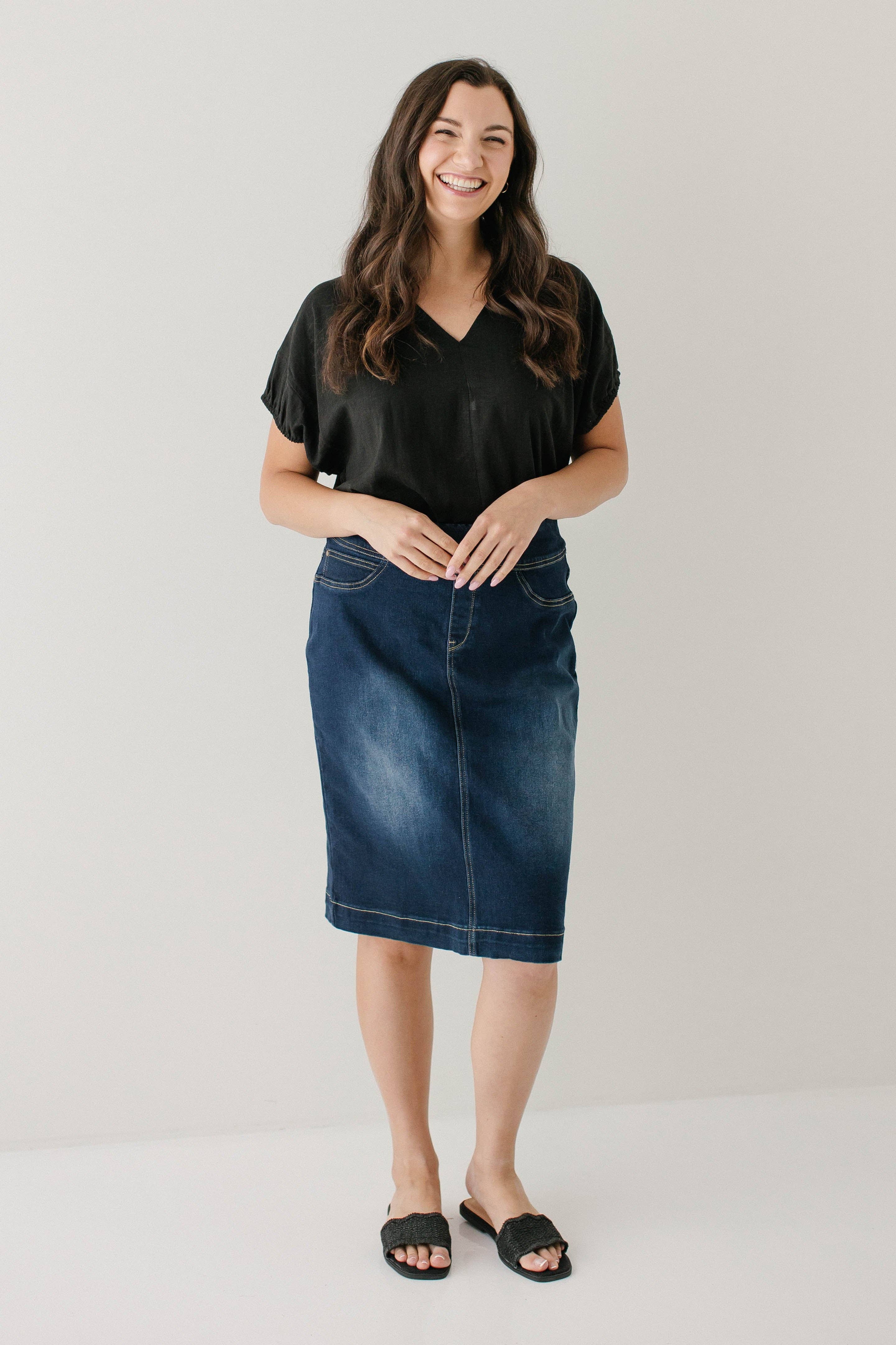 'Sara' Classic Knee Length Dark Denim Skirt for wholesale on Faire2