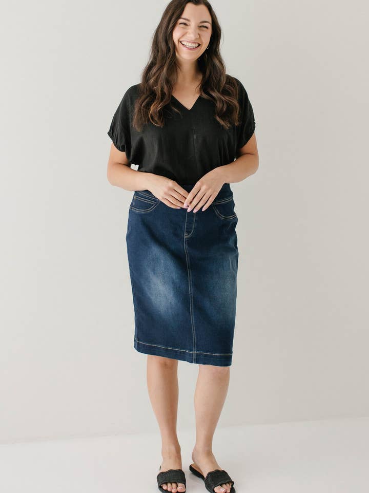 'Sara' Classic Knee Length Dark Denim Skirt for wholesale on Faire2