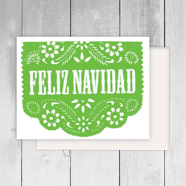 Biglietto di auguri spagnolo verde con scritta «Feliz Navidad» per la vendita all'ingrosso da parte di Viva Greetings
