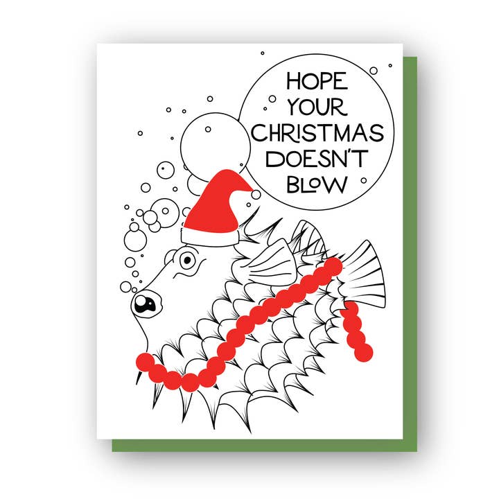 Hoop dat je kerst niet waait, Blowfish wenskaart voor wholesale door Wishbone Letterpress