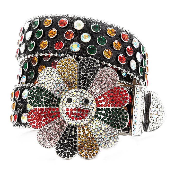 Flower Buckle Black Strap Belt with Multi-Color Studded Rhinestones for wholesale by Rhinestone Belt Store