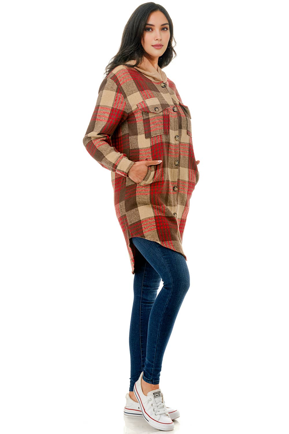 Color 5 - Wholesale Shirt Jacket/Shacket - Women's - Red beige plaid flannel long shacket with hoodie and pockets9