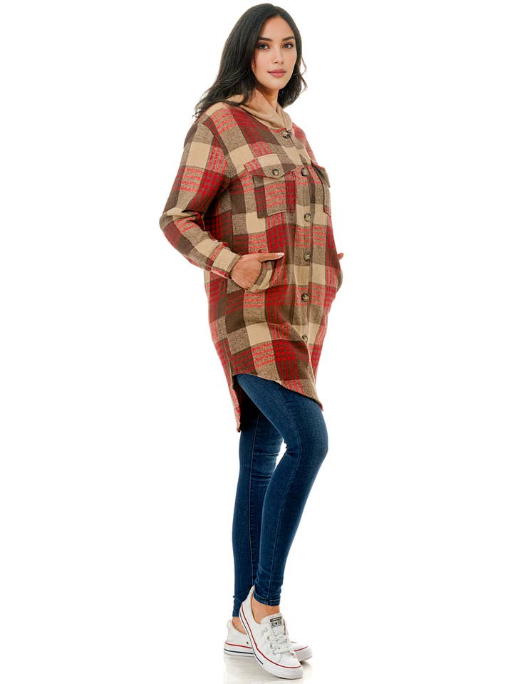 Color 5 – wholesale Shirt Jacket/Shacket - Women’s – Red beige plaid flannel long shacket with hoodie and pockets9