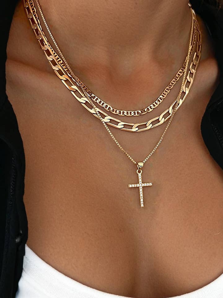 Plated Cross Pendant Multi Layer Stacked Chains Necklace for wholesale by fashionworks