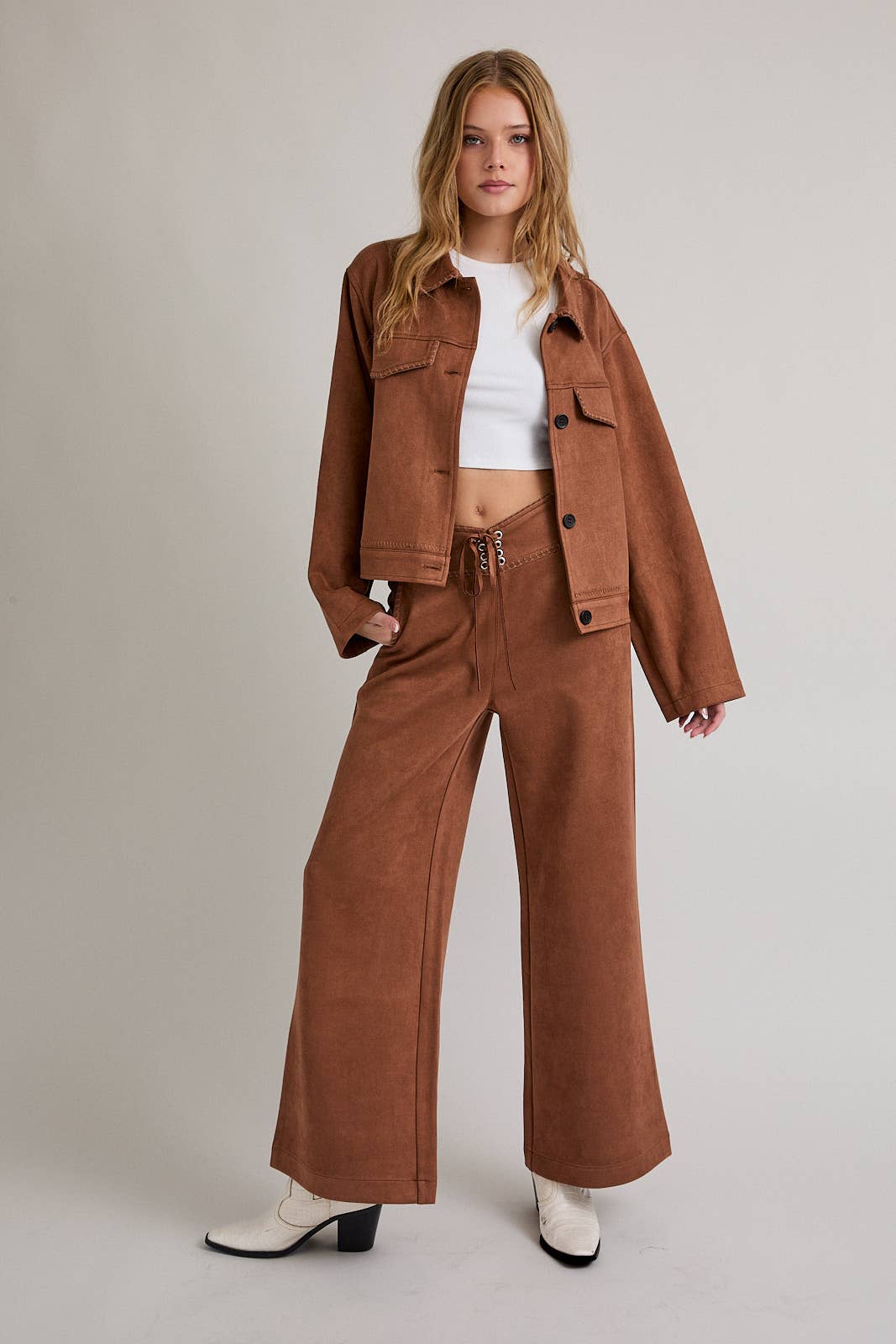 Brown BRAIDED DETAIL SUEDE JACKET for wholesale on Faire5